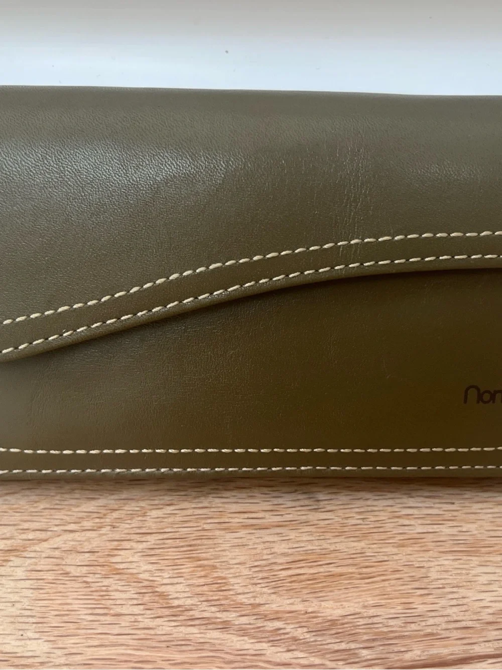 Vintage NonNon Japan Olive Green Leather Long Envelope Wallet NIB Deadstock
